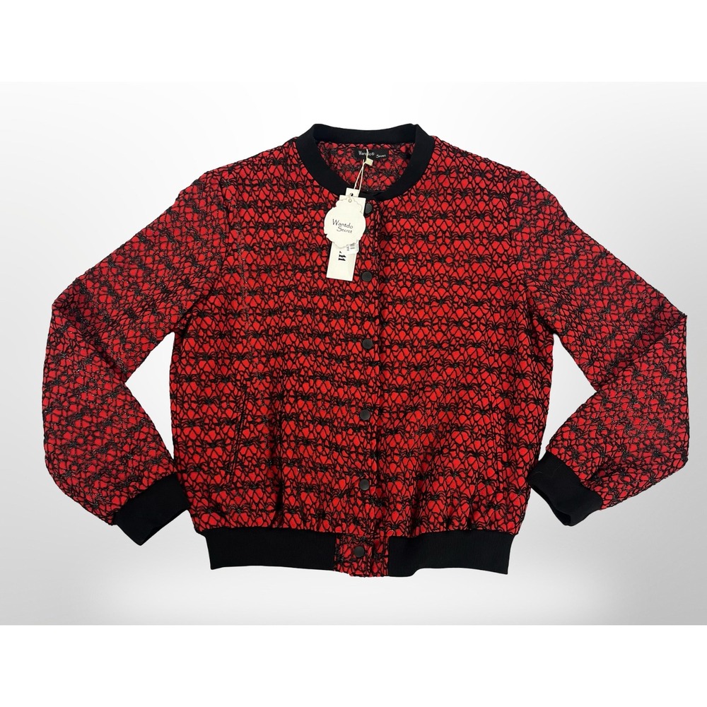 Wantdo Secret Womens XL Red Black Lace Net Bomber Jacket Lined Snap Front NWT